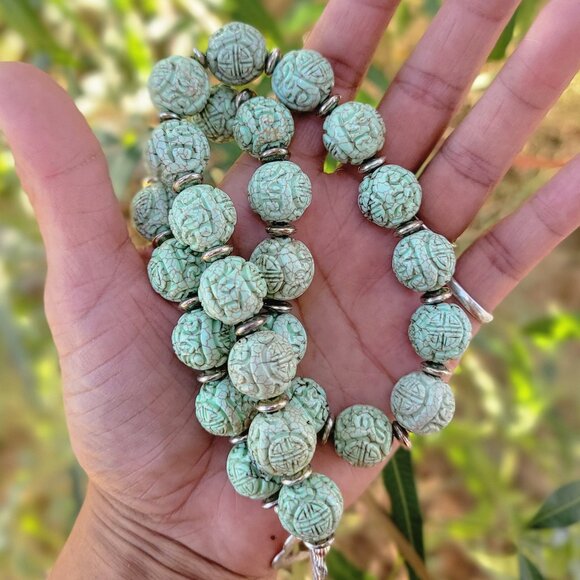 Absolutely stunning RARE Chinese natural green turquoise carved shou beads sterl - Picture 2 of 16